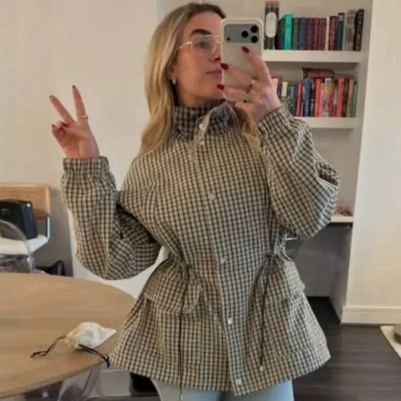 2026 Popular Fashion Long-sleeved Stand-up Collar Casual Waist Plaid Jacket Cross-border European and American Women's Clothing