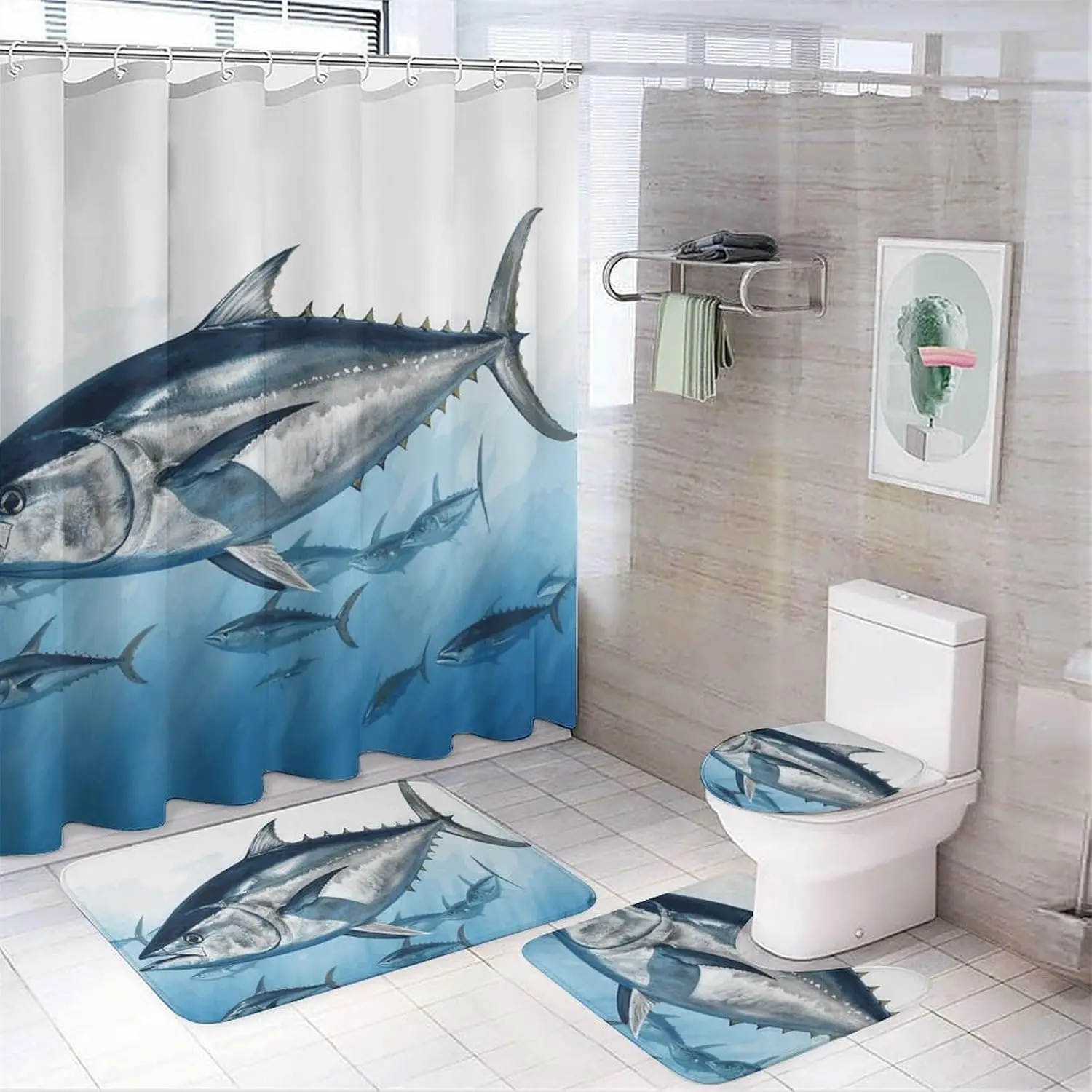 

Набор штор для душа Bluefin Tuna Thunnus из 4 предметов с нескользящими ковриками, крышкой унитаза и ковриком для ванной Мягкий ковер для ванной комнаты Waterpro