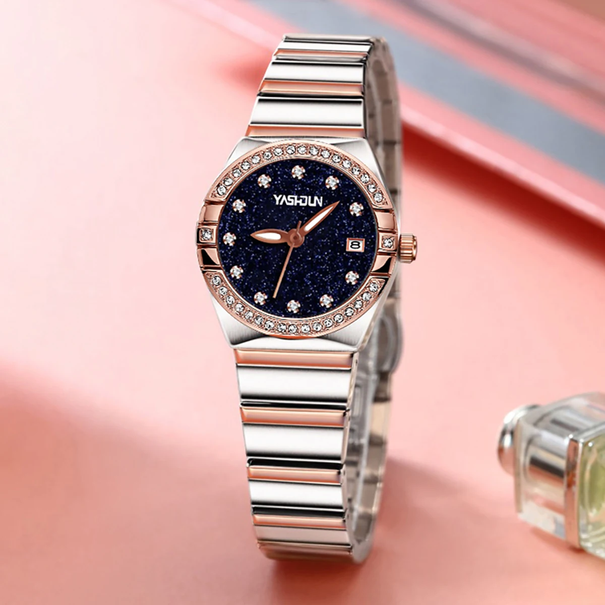 yashidun relógios femininos de luxo marca diamante relógio luminoso à prova dwaterproof água aço inoxidável quartzo mulher relógio elegante rosa ouro