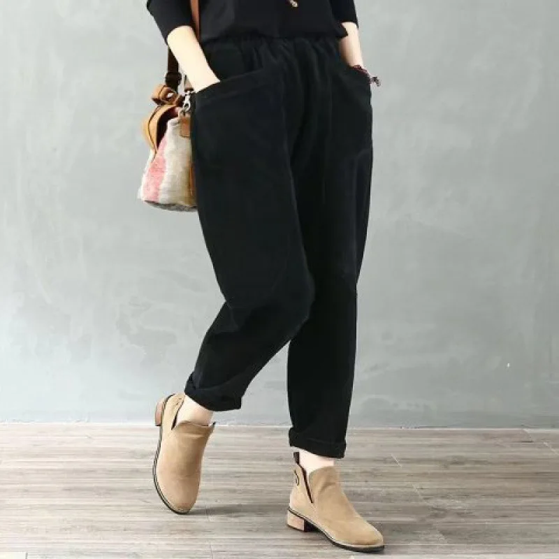 Women Baggy Pants Winter Velvet Versatile Casual Solid Color Elastic Waist Loose Corduroy Pants Women Thick Cargo Harem Trousers