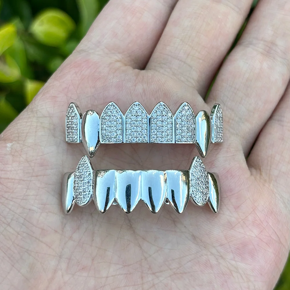 RACHELZ Hip Hop 8/8 Glossy Micro Paved Zircon Teeth Grillz 14K Gold Plated Tooth Caps For Women Men Fangs Jewelry