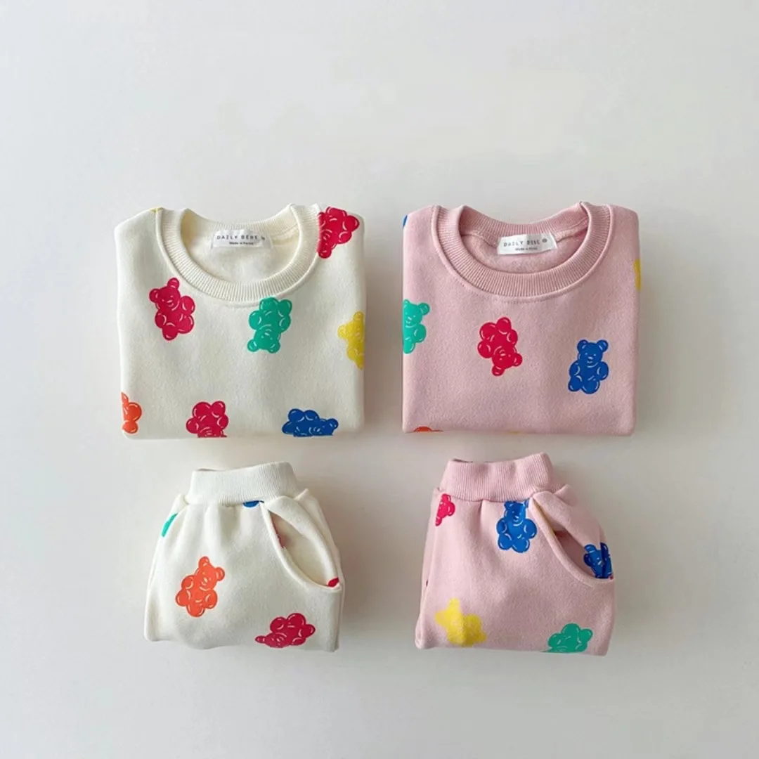 2024 Autumn New Baby Clothes Set Cute Colorful Bear Print Sweatshirt Set For Boys Girl Casual Pants Outfits Children 2pcs Suit