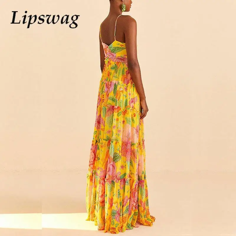 

2024 Women Lotus Edge Halter Off Shoulder Dress Beach Sexy Lady Printed Maxi Dress Bohemian Tropical Floral High Street Dresses