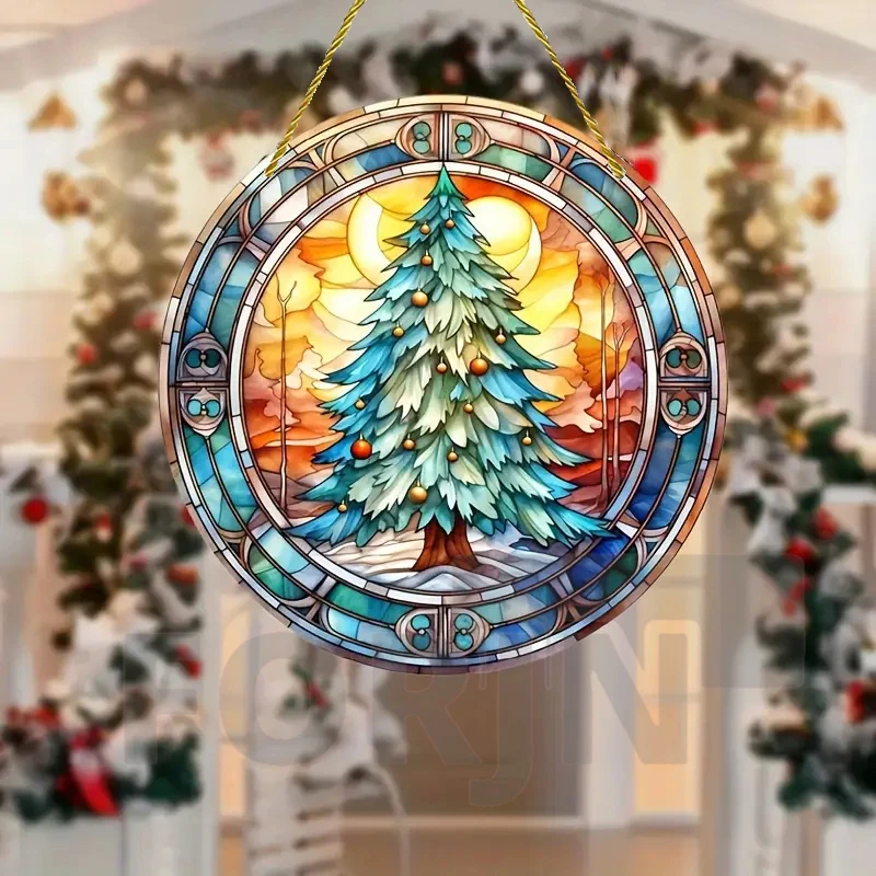 Charming Christmas Tree Acrylic Round Sign,Translucent Hanging Decor for Home,Bar,Cafe,pub,Window&Wall,Holiday Gift for Friends