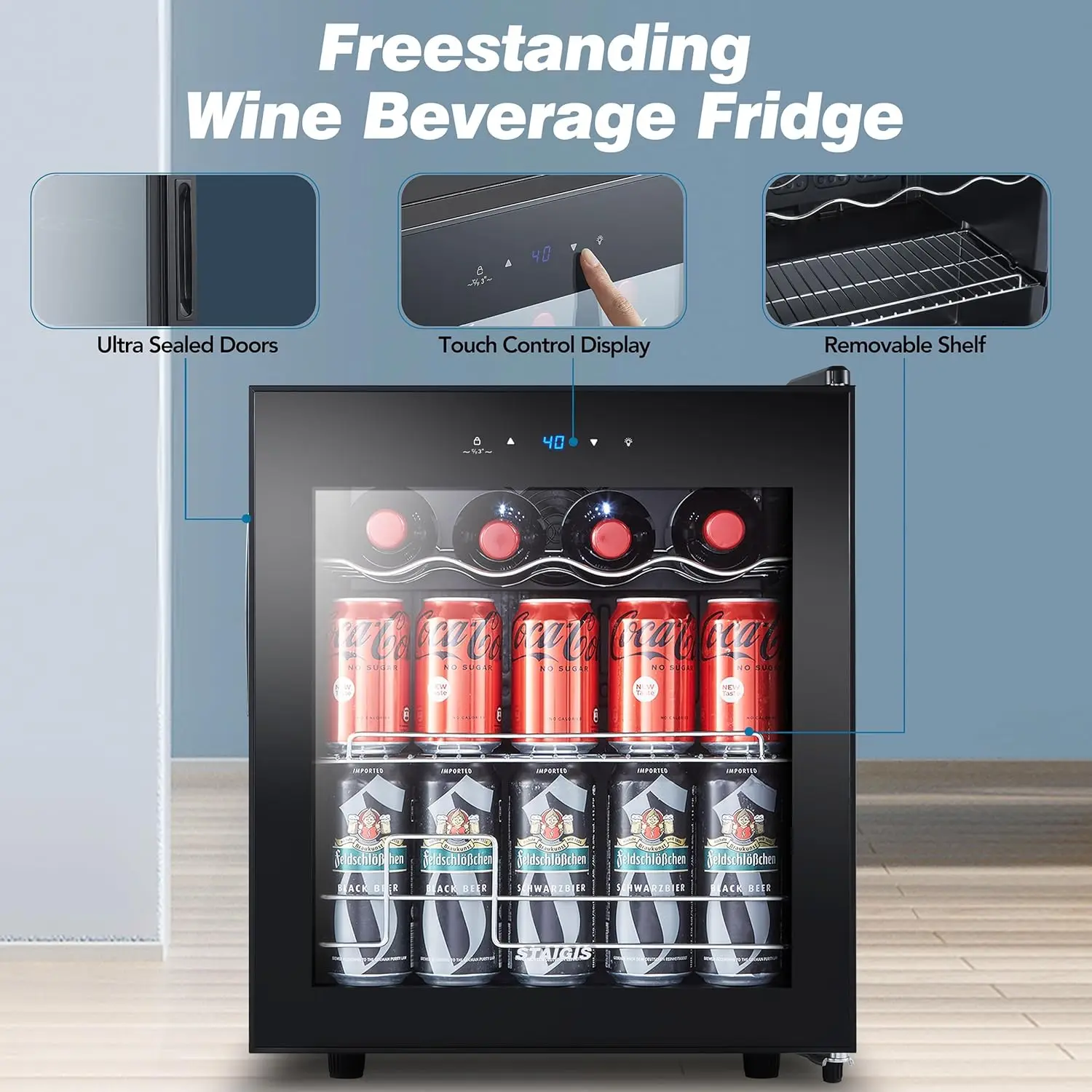 Fridge Freestanding, Wine Cooler Refrigerator 15 Bottle w/Digital Control, Countertop Mini Fridge for Red & White, Glass Door