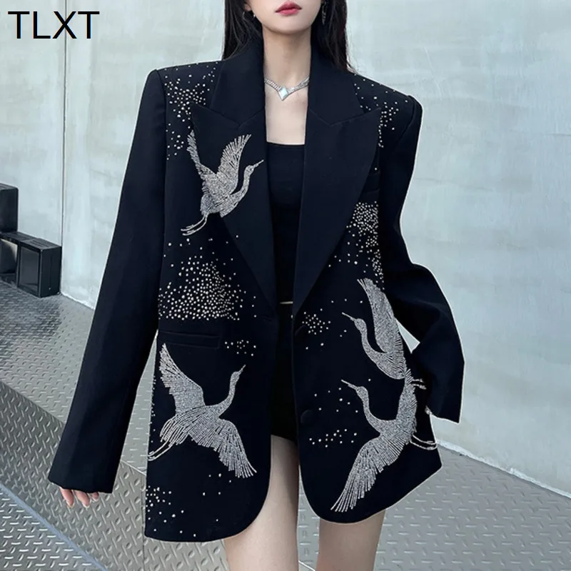

TLXT Women's High-end Diamond Hot Suit Jacket Notched Long Sleeves Single Breasted Contrast Color Coats 2025 New XK1031