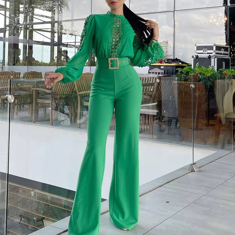 

Lace Patchwork Long Sleeved Banquet Jumpsuit Office Lady O-neck High Waist Playsuit New Casual Solid Color Straight Pants Romper