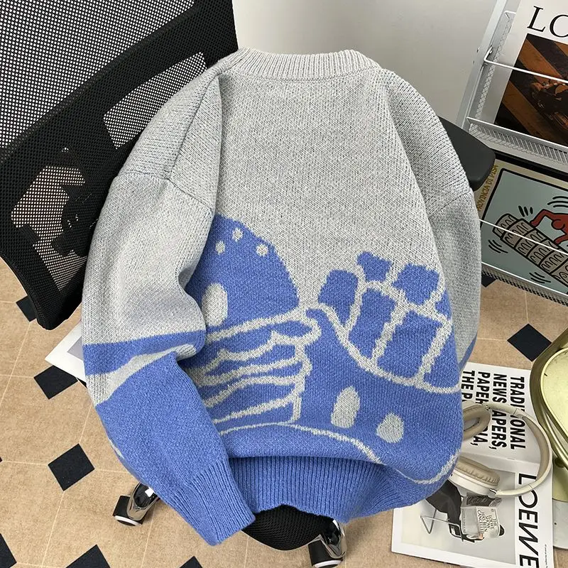 سترة محبوكة عصرية بياقة مستديرة وأكمام طويلة للشباب، أزياء الربيع على طراز هاراجوكو، تصميم كتل الألوان، قصة فضفاضة غير رسمية ...