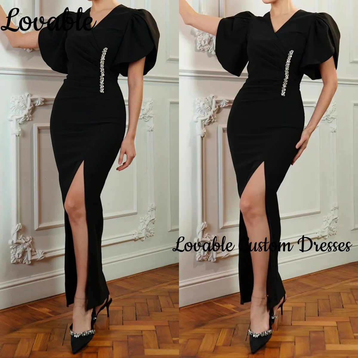 

Sheath Dresses For Prom V-Neck Floor-Length Beadings Luxury Evening Dresses Zipper Up Short Sleeves Formal Occasion Dresses