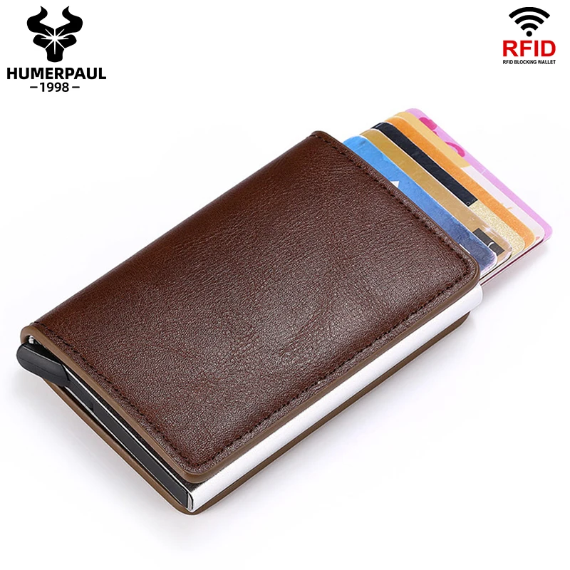 Business Wallet for Credit Card RFID Blocking Automatic Men Pop Up Wallets Slim Leather Unisex Money Purse High Quality