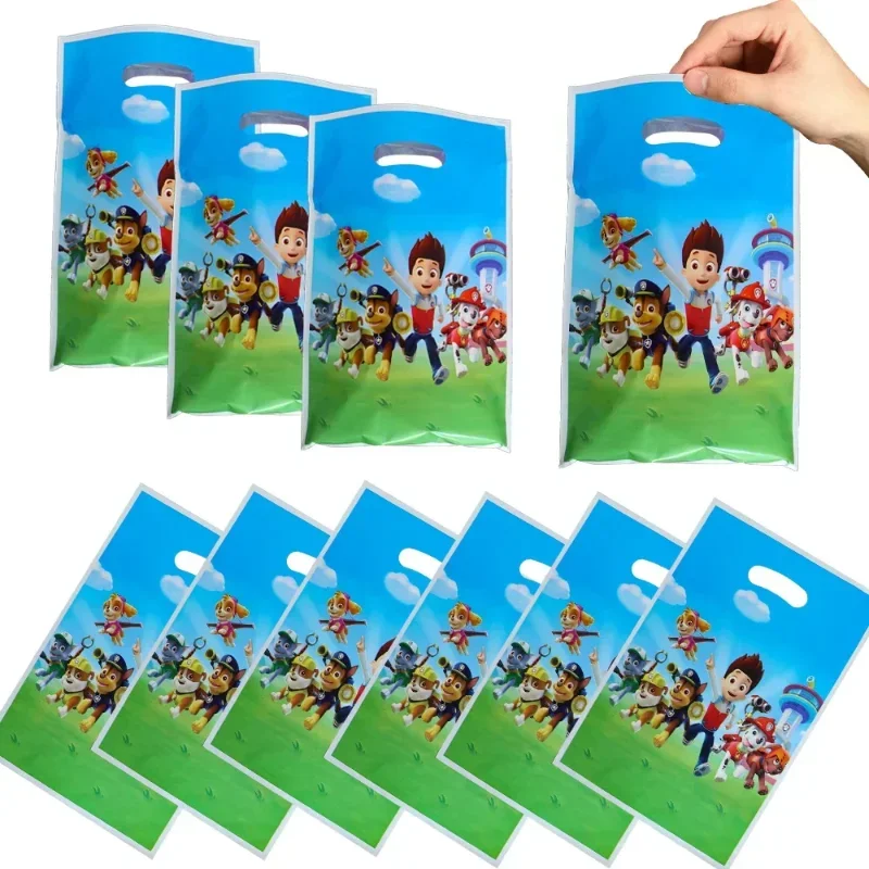 Paw Patrol Party Gift Bags for Kids, Anime Puppy Theme, Plastic Candy Loot Bag, Handle Gift Bag, Birthday Party Supplies, 10Pcs