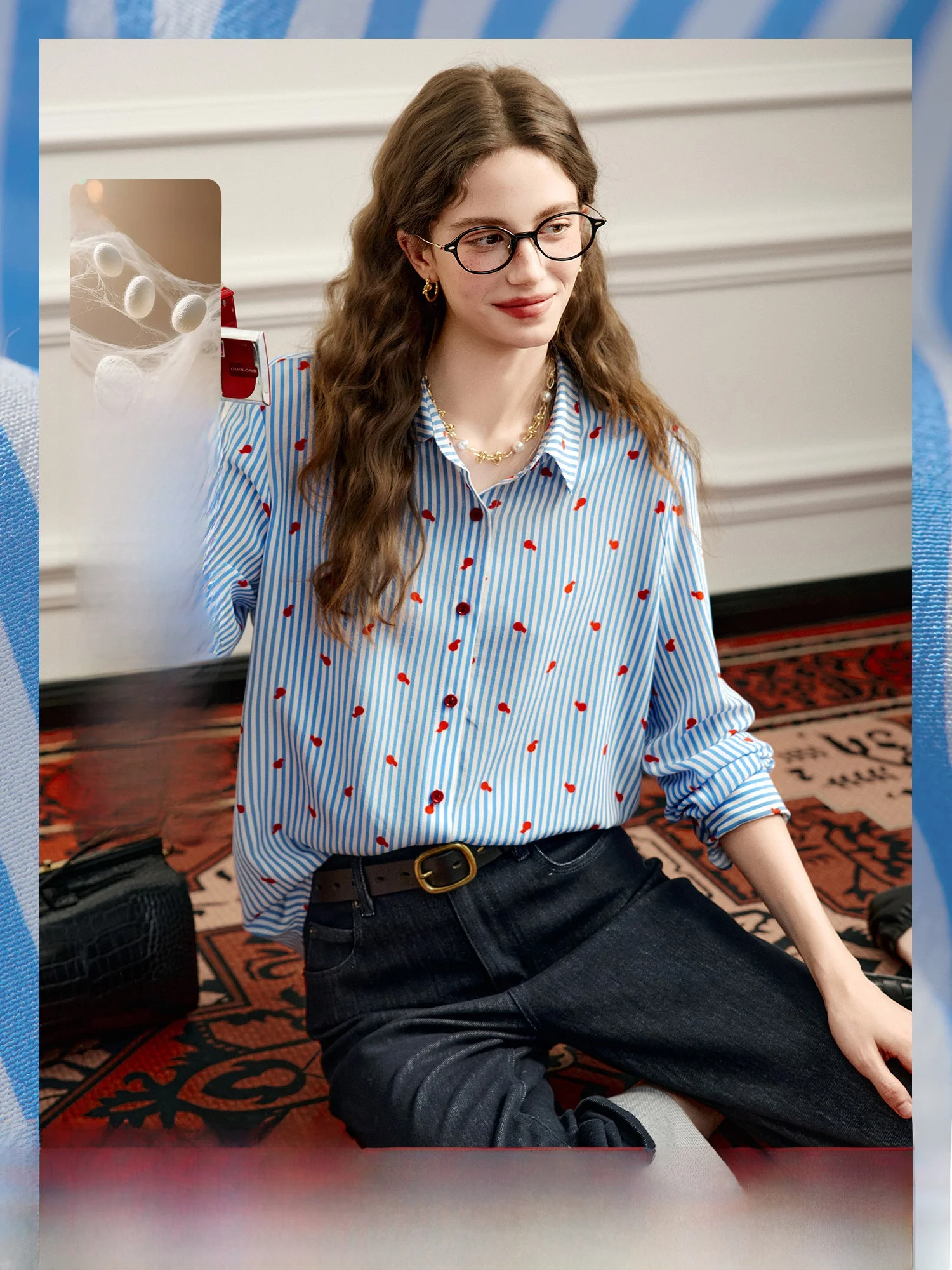 

Blue Stripe Poem Silk Shirt Women's Loose Long Sleeve Printed Spring 2026 Commute Style Comfortable Breathable Female Top