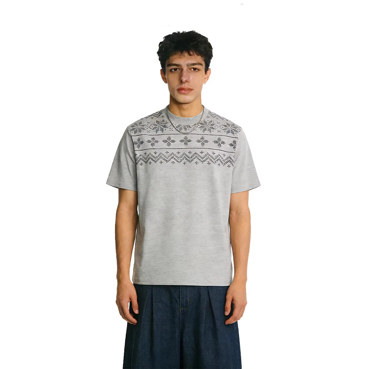 American Style Men's Summer T-shirt 320G Heavy Cotton Vintage Fair Isle Pattern T-Shirts Short Sleeve Loose Streetwear Tops Tee