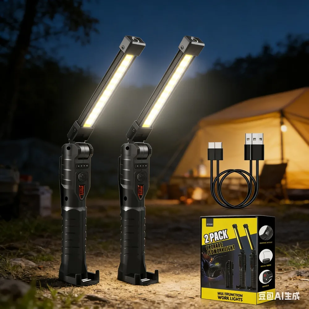 

Светодиодный рабочий фонарь KEPEKAK, 2 шт., COB, двусторонний, 3 источника света, 180° ° Складной магнитный крючок с USB-зарядкой, водонепроницаемый, с функцией Power Bank