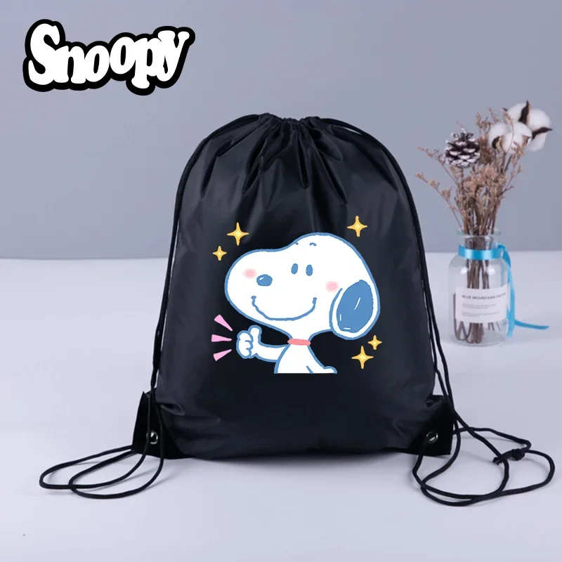 Snoopy Drawstring Pockets Peanuts Cartoon Tote Bag Character Print Large Capacity Drawstring Bags Watertight Shopping Xmas Gift