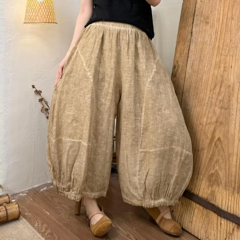 

Новый летний художественный стиль, женские свободные брюки до щиколотки с эластичной резинкой на талии, винтажные широкие брюки Ramie, хорошее качество TH29