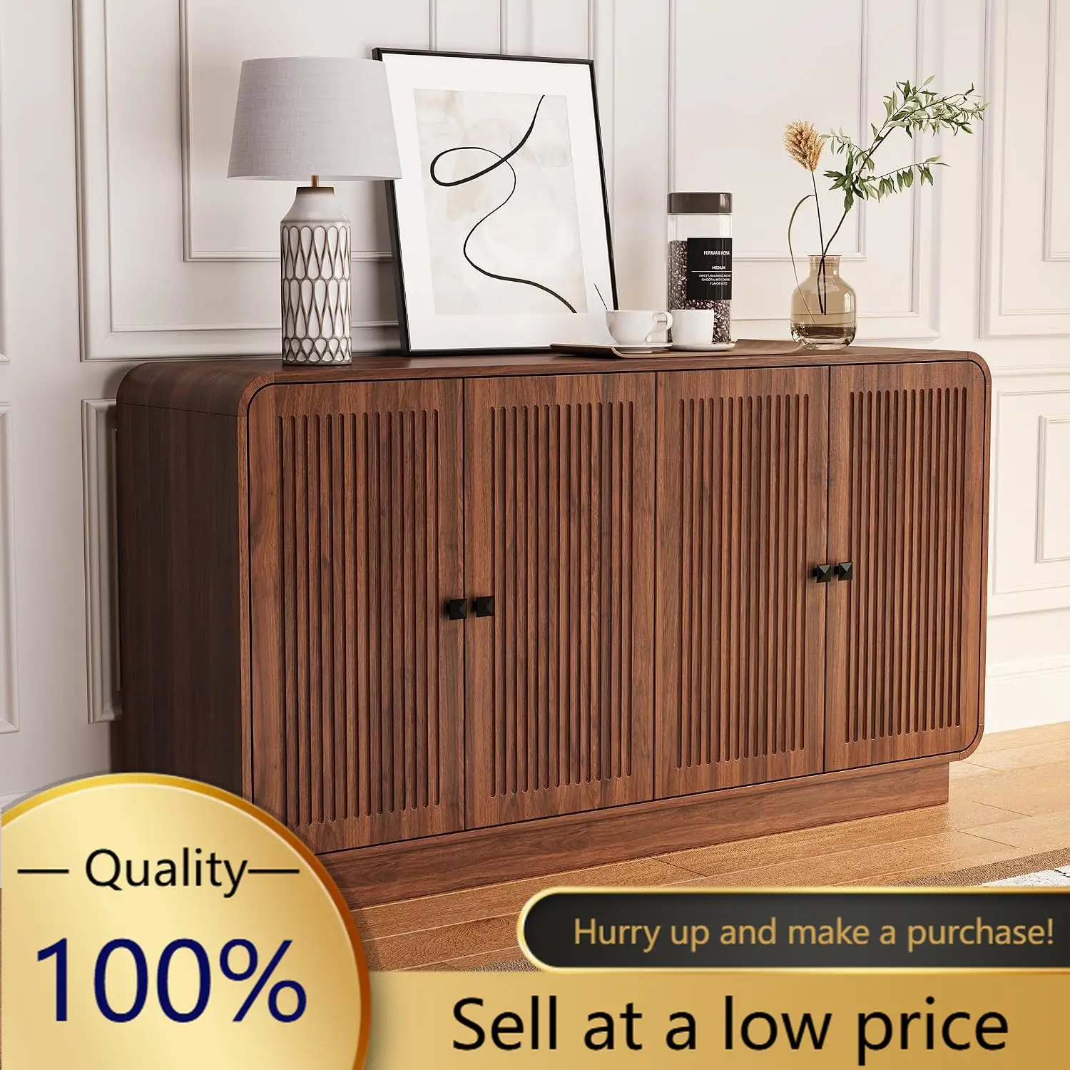 58 Inch Sideboard Buffet Cabinet with Storage, Curved Edges Buffet Storage Cabinet with 4 Fluted Doors, Mid Century Modern Coffe