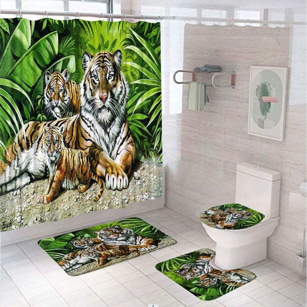 

4Pcs Wild Animal Tiger Shower Curtains Sets For Bathroom Decor Accessories Tropical Jungle Leaves Rug Bath Mat Toilet Lid Cover