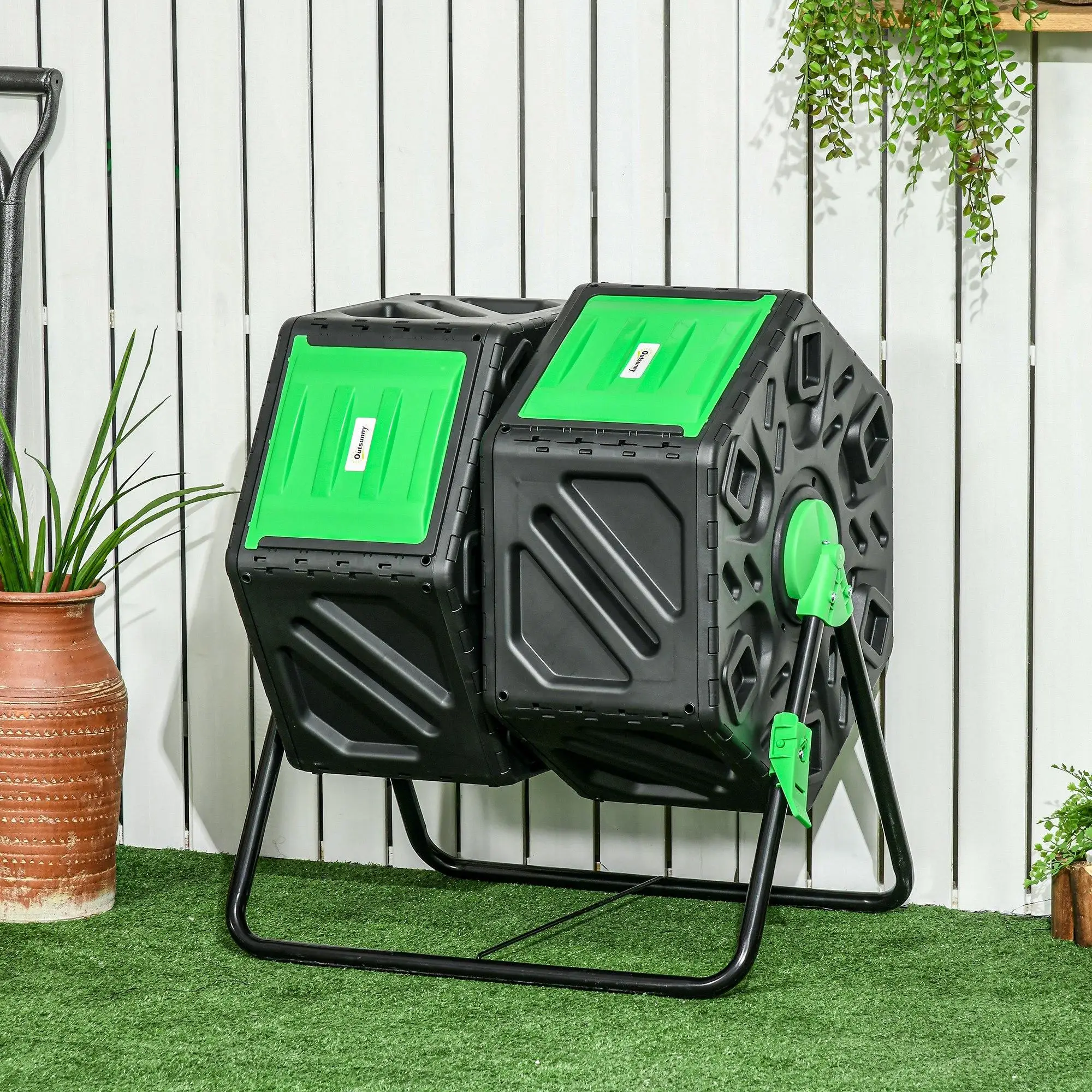 Compostador de 130L con doble cámara 360 ° Base de acero giratoria con 24 orificios de ventilación, plástico PP para jardín, color negro