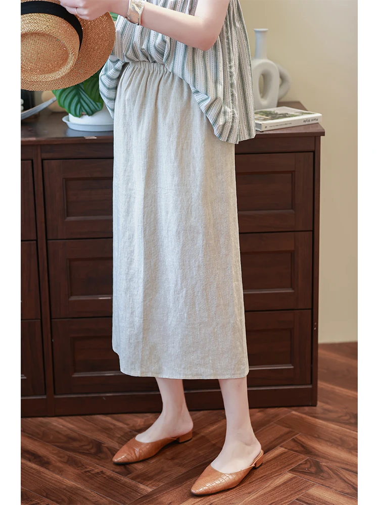 

Льняная юбка миди с высокой талией, прямого кроя, с разрезом, летняя, новая, тонкая, простая, повседневная, А-силуэт, для женщин