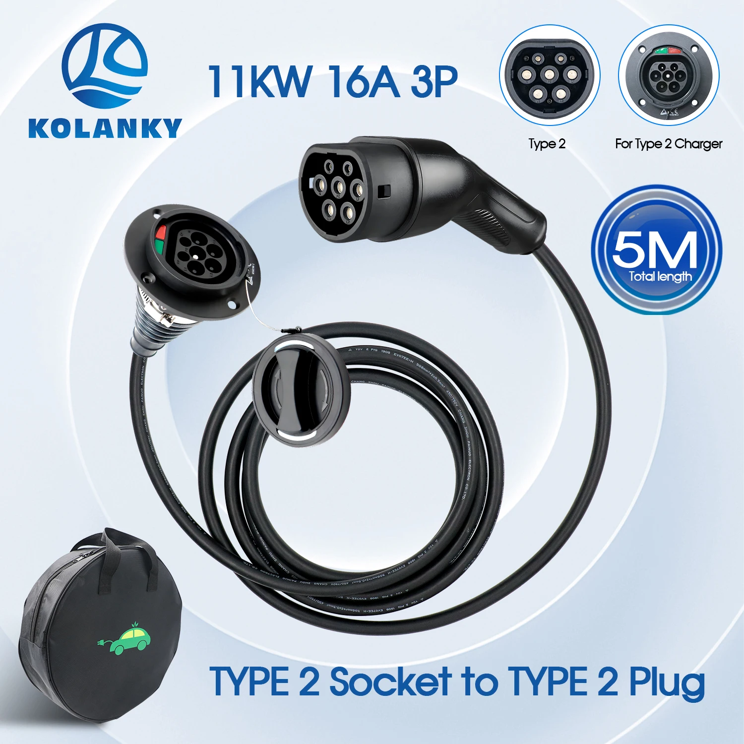Kolanky Typ 2 Verlängerungskabel 11kW für Wallbox-Ladestation EV-Ladegerät Kompatibel mit Allen Typ 2 Ladebuchsen 5m