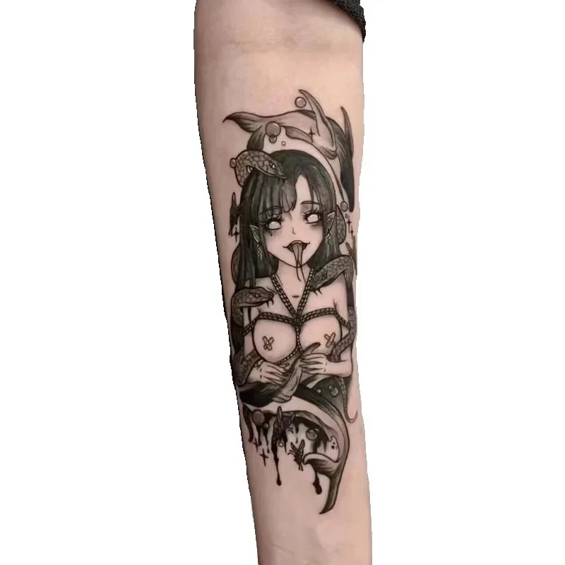 Devil Snake Girl Temporary Tattoos for Woman Man Herbal Juice Durable Cartoon Waterproof Fake Tattoo Sticker Body Art Tatoo