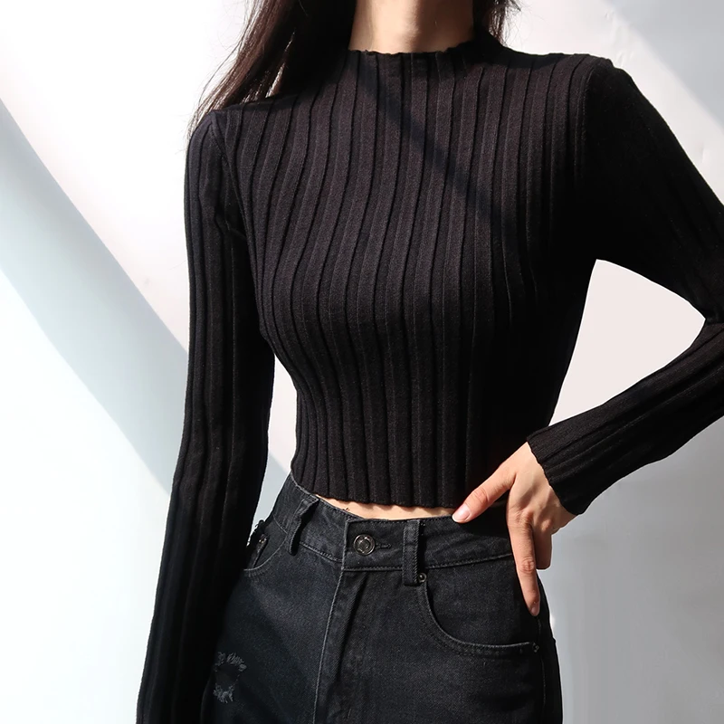 Autumn Winter American Retro Stand Collar Solid Color Simple Slim Fit Fashion Short Knitted Long Sleeve Sweater