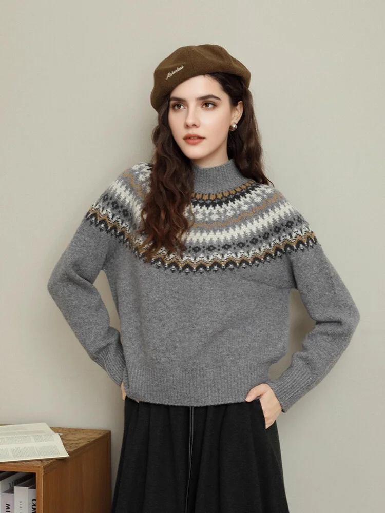 SuyaDream، سترة عيد الميلاد النسائية، صوف الأغنام 100%، رقبة وهمية، بلوفرات جاكار دافئة، بلوزة محبوكة لخريف وشتاء 2025، أحمر، رمادي #2