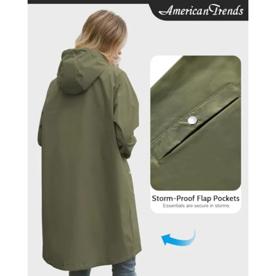 American Trends Packable Waterproof Rain Jacket Women with Hood Raincoat Windbreaker Long Hooded Trench Coats S-2XL Available view 5