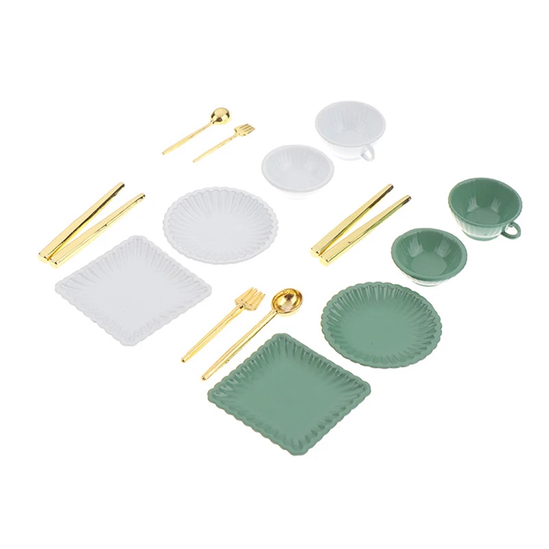 Pratos em miniatura, xícaras de café, facas, garfos, colheres para brincar de fingir 7 unidades/conjunto, acessórios de brinquedo de cozinha para casa de bonecas escala 1:12