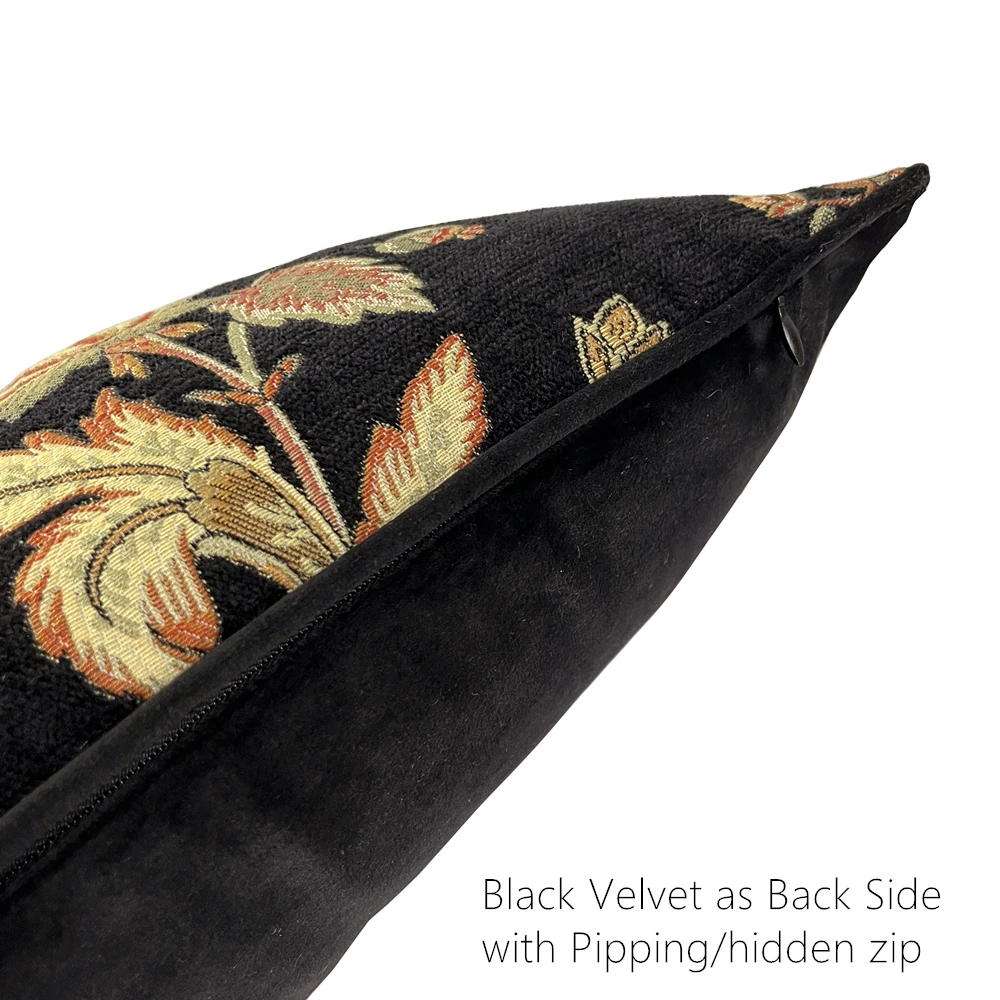 Fashion Black Velvet Floral Waist Pillow Case Vintage  Woven Jacquard Chenille Lumbar Living Cushion Cover Sell by Piece 30x50cm