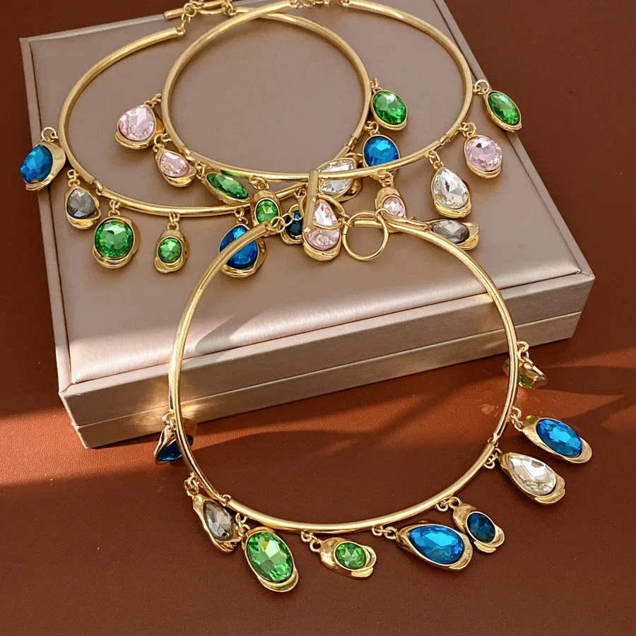 Irregular Water Drop Rhinestones Torques Women Luxury Gold Color T--shaped Buckles Chokers Necklace Statement Banquet Jewelry W