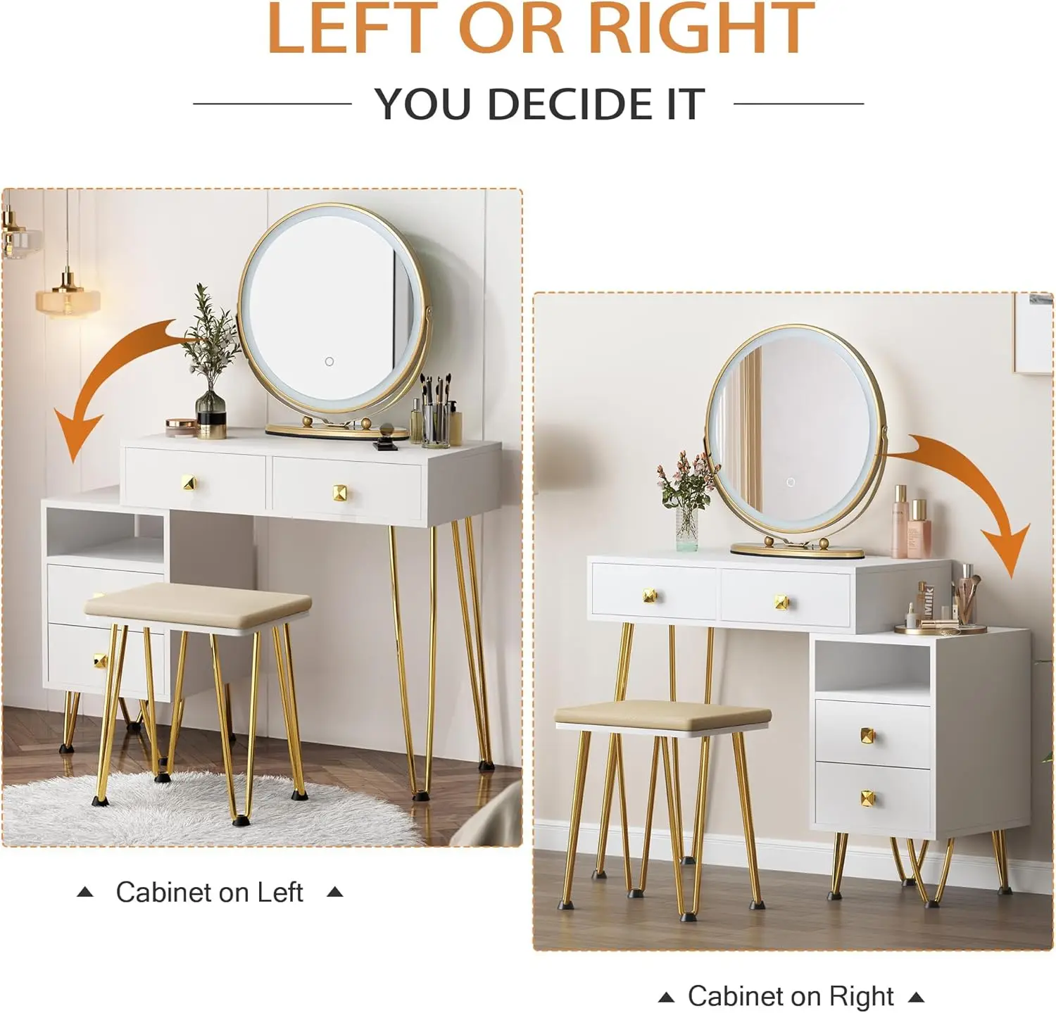 Vanity Desk Set,Vanity Desk with Mirror and Lights,Makeup Vanity with Circular Swivel Mirror,White Dressing Table