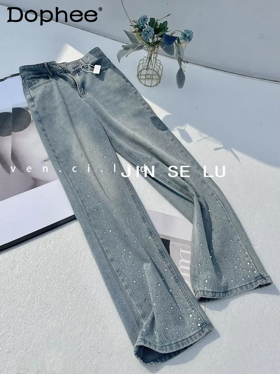 High-Grade Rhinestone Chic Retro Jeans Women 2024 Spring Summer Loose Drooping Wide-Leg Pants Female High Waisted Jeans Female