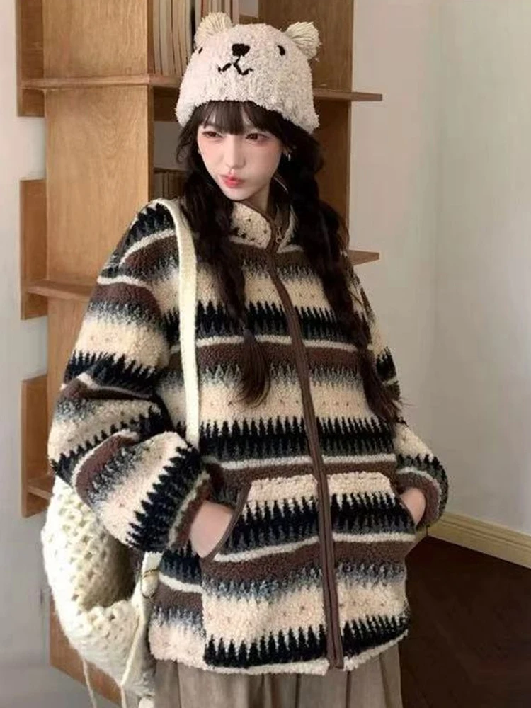 

Retro Color Blo Lamb Fur Jaet Women's Loose Double-Sided Wear Turn-down Collar Cotton Clothes Simple Sle Winter Coat