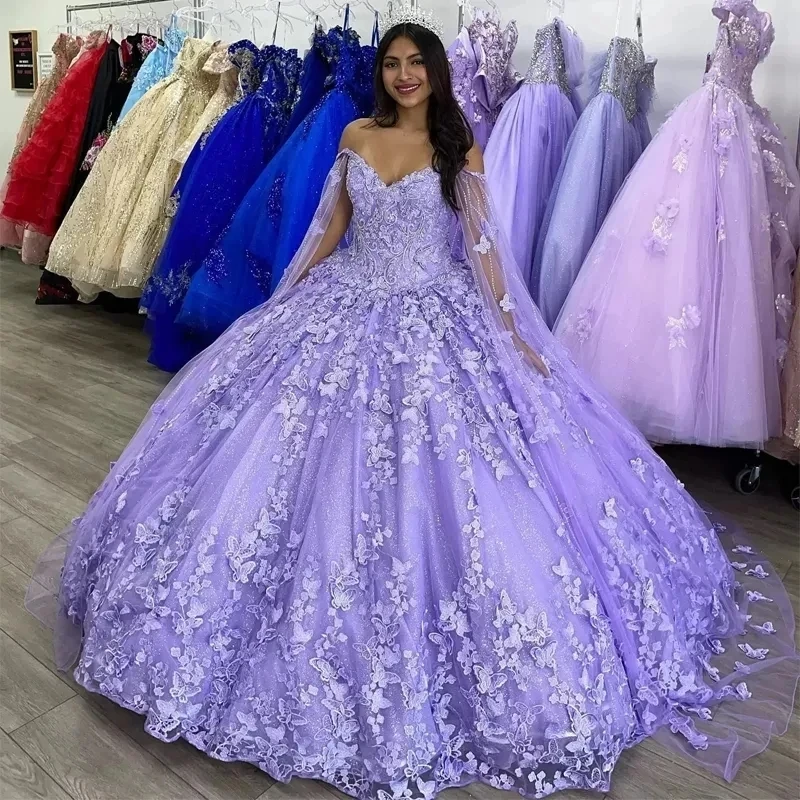 ANGELSBRIDEP Lavender Ball Gown Quinceanera Dresses 15 Party Glitter Tulle 3D Butterfly Lace Cinderella Princess Gowns With Wrap