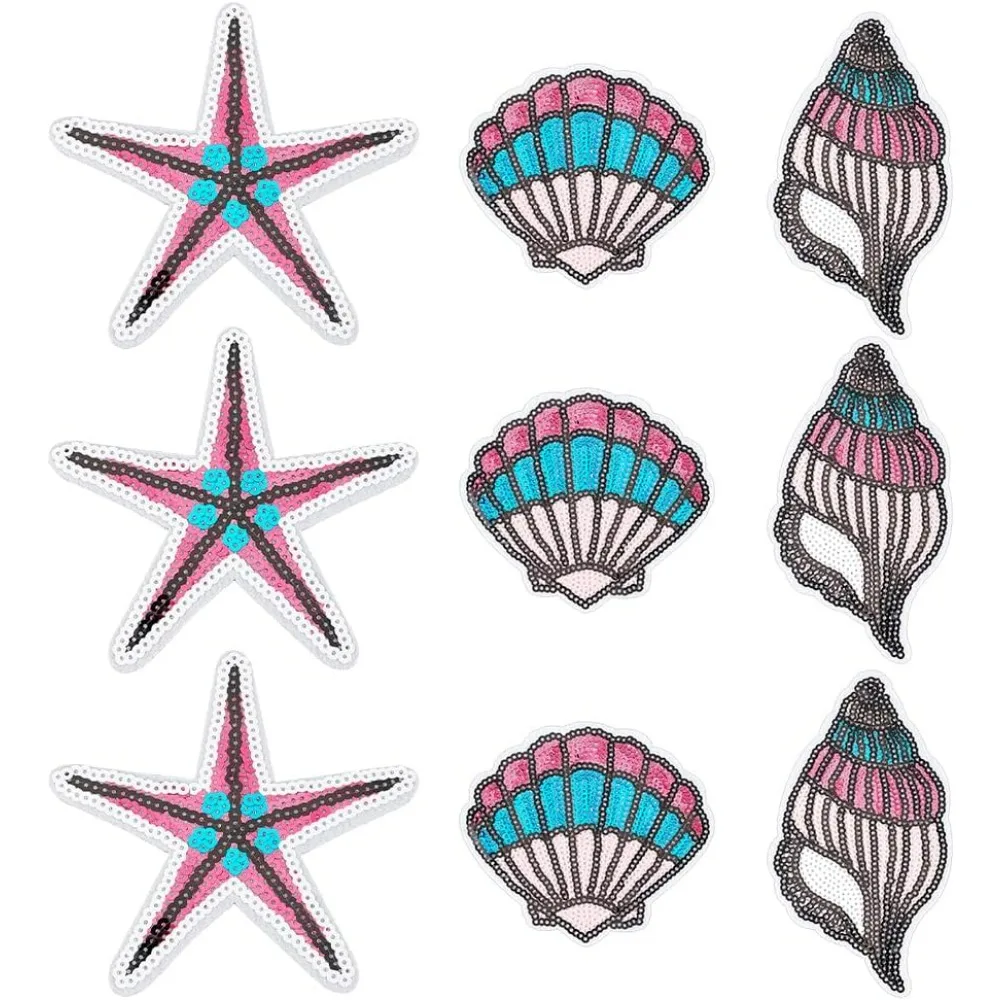 9 Pcs Conch Seashells Starfish Sequin Patches Paillette Iron on Cloth Patch Polyester Marine Shell Embroidery Applique Ocean