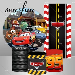 Cartoon Movie Cars Theme Birthday Party Round Backdrop Cover Automobile Tire Plinth Covers Road Surface Rectangle Backgrounds