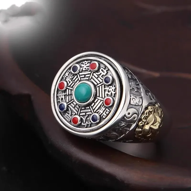 Retro Bagua Rotating silver 925 Colored Stone Rings Adjustable  Men and Women Wide Version Couple Ring Charm Banquet Jewelry