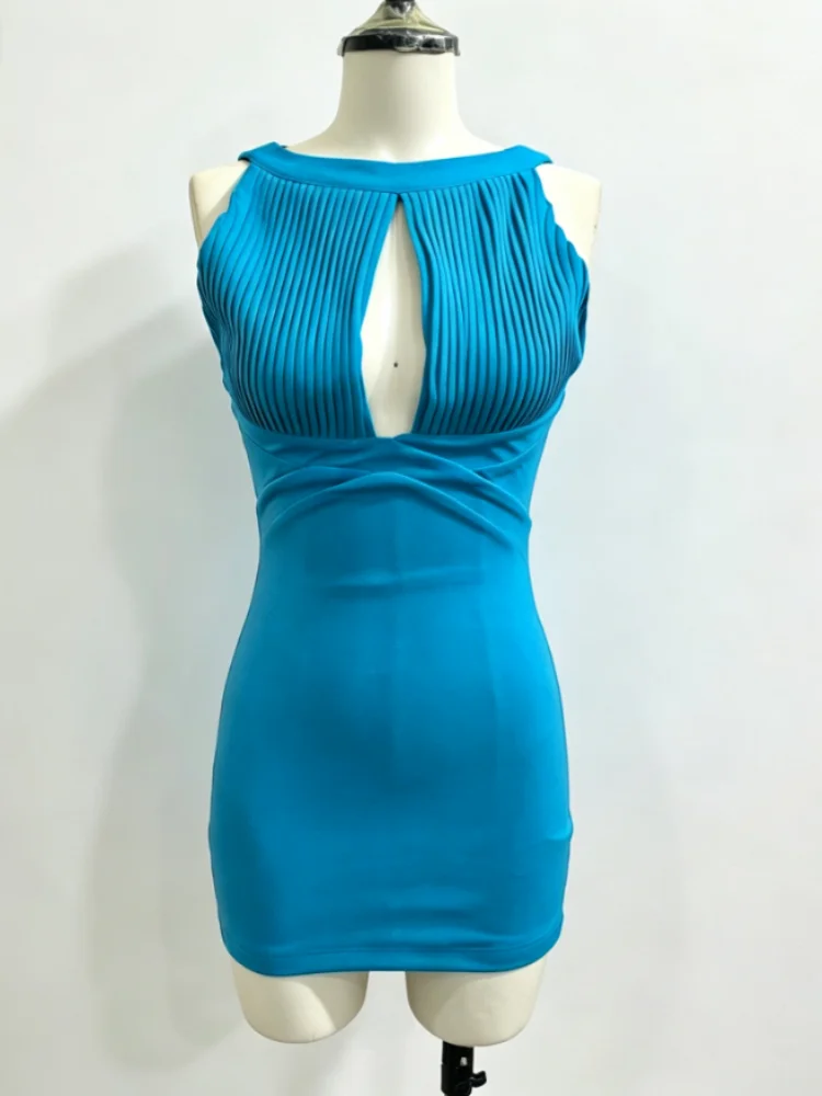 Sexy Leuchtend Blaues Geripptes Ärmelloses Bodycon Minikleid Damen Schickes Vorderes Schlüsselloch-Ausschnitt Rundhals Figurbetontes Club-Party-Kurzkleid – Detail 2