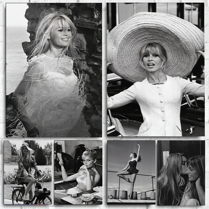 Brigitte Bardot Attractive French Film Star Poster Black and White Canvas Painting Wall Art Print Picture for Room Home Decor