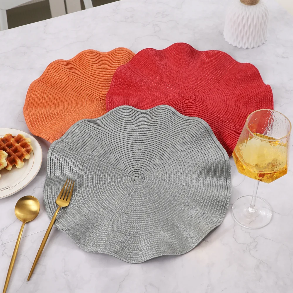 Placemats redondos com design de tecido, tapetes de mesa resistentes ao calor, lavável com borda ondulada, tapetes de mesa de jantar antiderrapantes, conjunto de 6