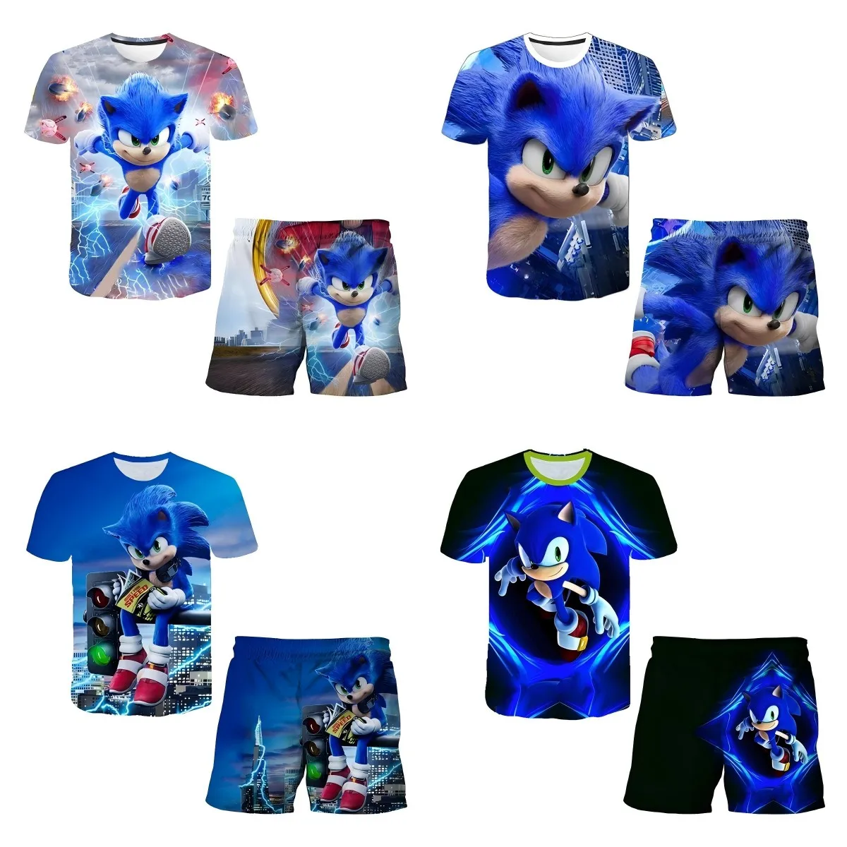 

New 2pcs Cartoon Sonics T-shirt Children's Top T-shirt Shorts Two-piece Set Summer Boy Cartoon Cute T-shirt+beach Pants