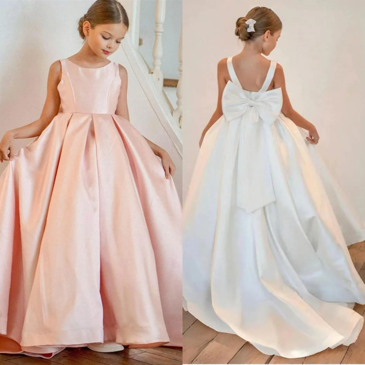 

White Elegant Satin Flower Girl Dress with Bow Prom Dress for Kids Wedding Birthday First Communion Party