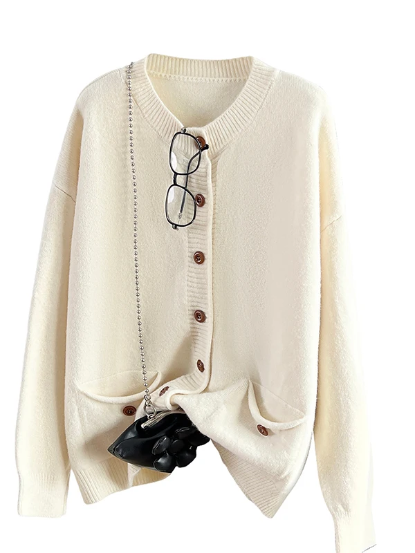 Loose round Ne Knitted Sweater Pure Color Open Cardigan Women's Autumn Winter New Sle Simple Korean Sle Tagl