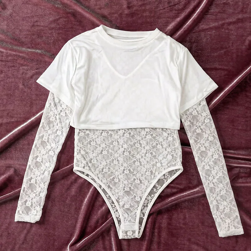 Y2K Sexy Solid Crop Lace Stitching Long Sleeve Bodysuit Summer Fashion Hottie Street Tide Slim Fit Basic Skinny Tees Bodysuit