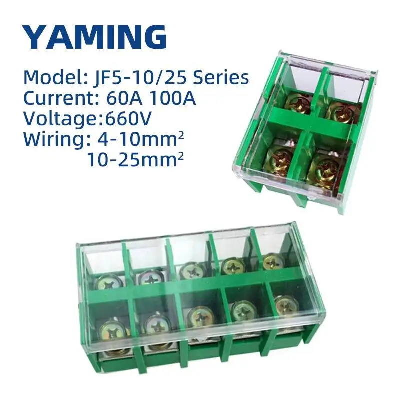 Brass Terminal Blocks JF5-10/2 JF5-25 Dual Row 660V 60A 100A Universal DIN Rail Mounted Wire Connector 4-10mm2 10-25mm2