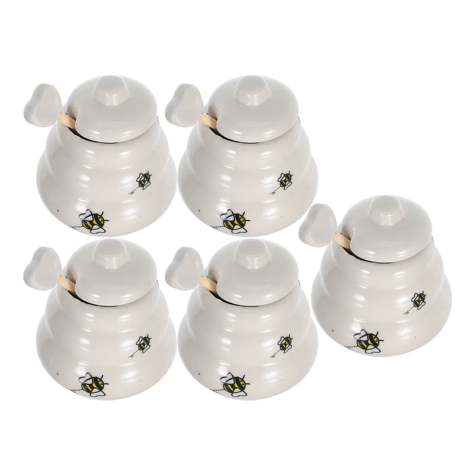 

5Pcs Honey Pot with Dipper and Lid Ceramic Jar Set Bee Pattern Design Safe Non Toxic Material Kitchen Tableware Accessory