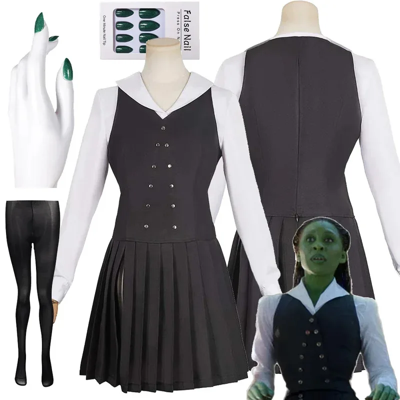 

Movie Wicked Elphaba Cosplay Costume Uniform Skirt Shirt Vest Fake Nail Tips Women Adult Outfit Halloween Carnival Fantasia Suit