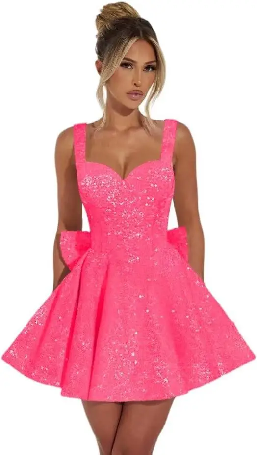 

Shiny Sequin Bow Back To School Dress 2025, Spaghetti Strap A-line Evening Gown Cocktail Party Dress, Youth Back To School Dress
